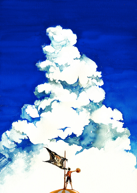 kusaco, monkey d. luffy, thousand sunny, one piece, traditional media, 1boy, blue sky, cloud, day, flag, hat, jolly roger, male focus, outdoors, pirate, ship, shorts, sky, solo, standing, straw hat, watercraft, wide shot, wind