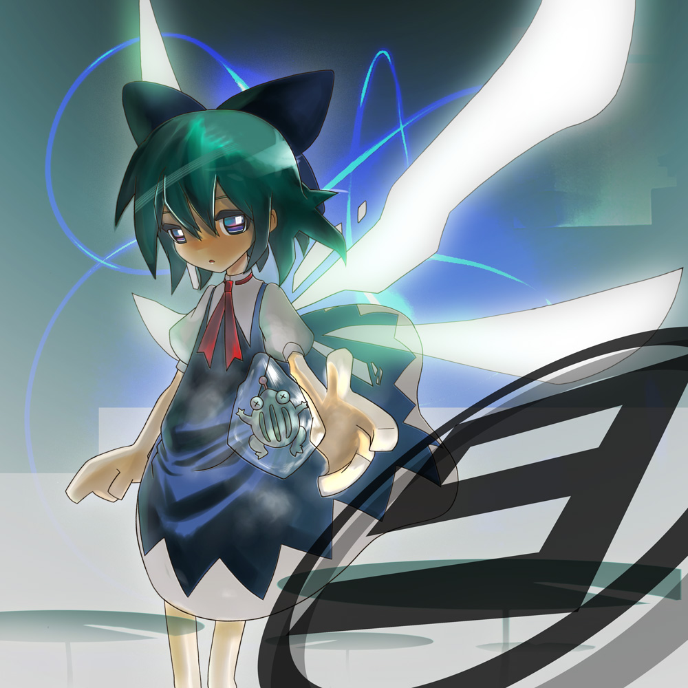 cirno, touhou, 1girl, bow, circled 9, female focus, frog, solo