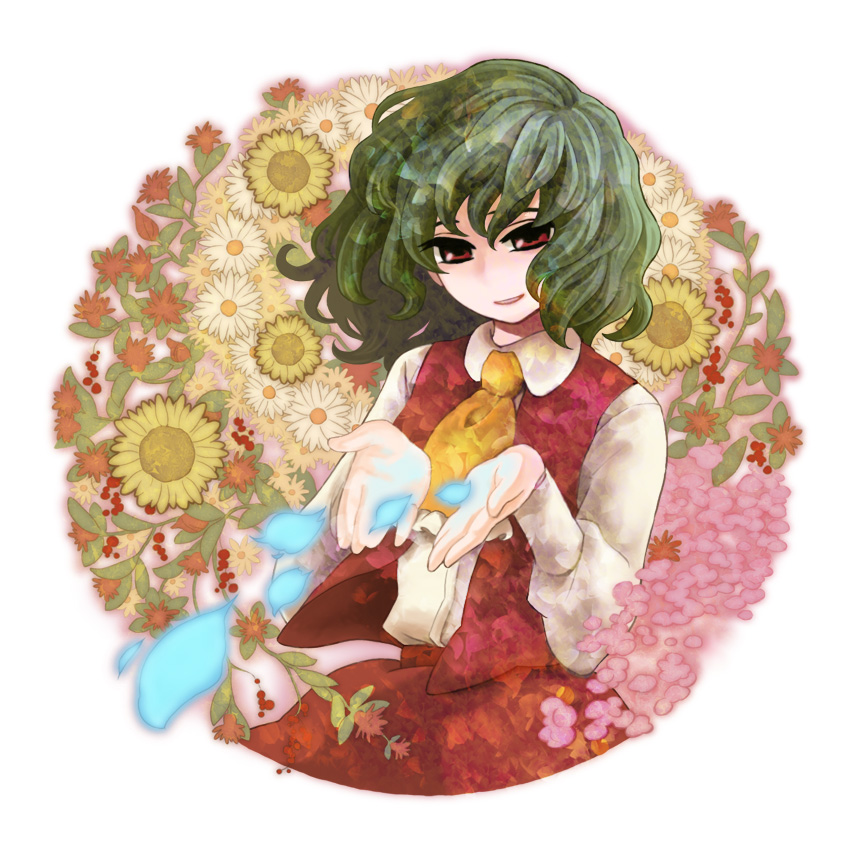 arata iri, kazami yuuka, touhou, bad id, bad pixiv id, 1girl, ascot, female focus, flower, green hair, petals, red eyes, ribbon, short hair, solo, sunflower, vest