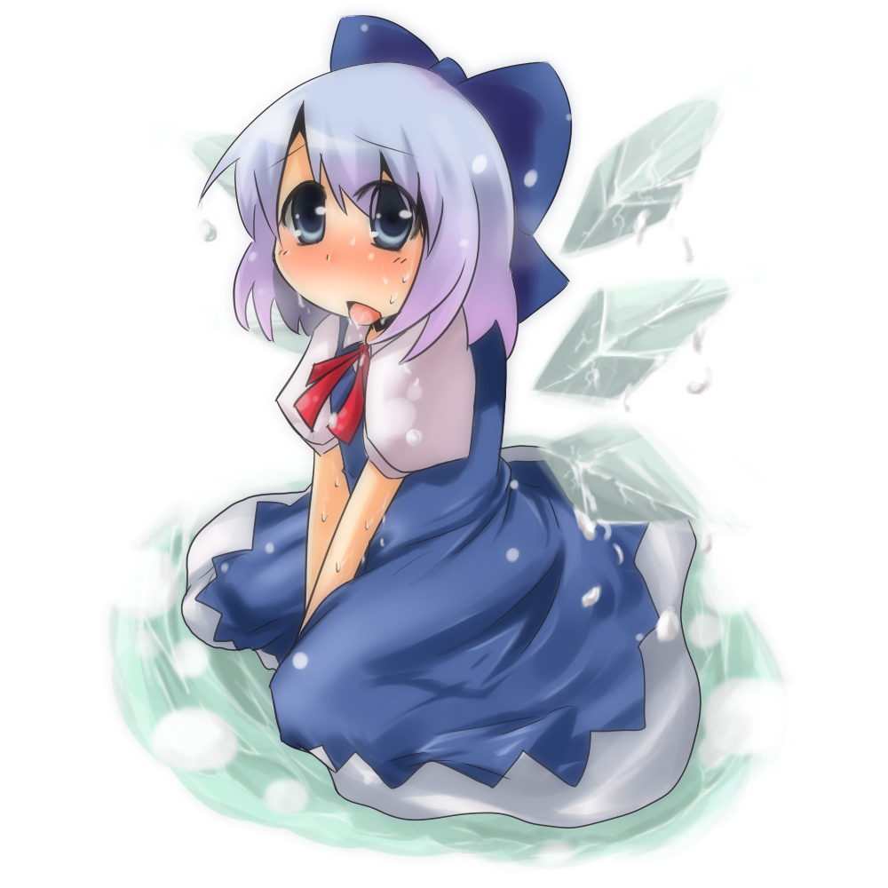 mukunoki nanatsu, nanatsu, cirno, embodiment of scarlet devil, touhou, bad id, bad pixiv id, 1girl, blue hair, blush, bow, female focus, melting, ribbon, short hair, solo, tongue, wings