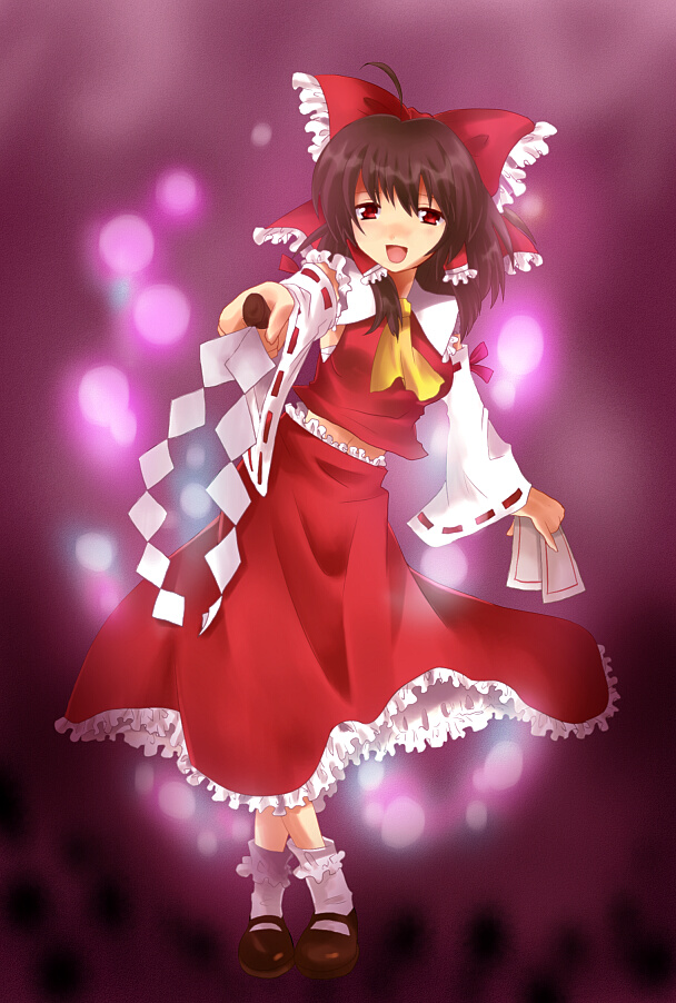 hayama eishi, nari otoko, hakurei reimu, nariko, touhou, bad id, bad pixiv id, 1girl, ahoge, black hair, bow, detached sleeves, female focus, frills, gohei, hair bow, japanese clothes, midriff, miko, ofuda, red eyes, ribbon, skirt, smile, socks, solo