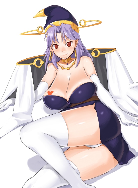 nagase haruhito, celine jules, star ocean, star ocean: the second story, 1girl, breasts, cleavage, earrings, elbow gloves, female focus, gloves, hat, heart, huge breasts, jewelry, necklace, panties, pantyshot, purple hair, purple skirt, red eyes, sagging breasts, skirt, solo, thighhighs, underwear, upskirt, white panties