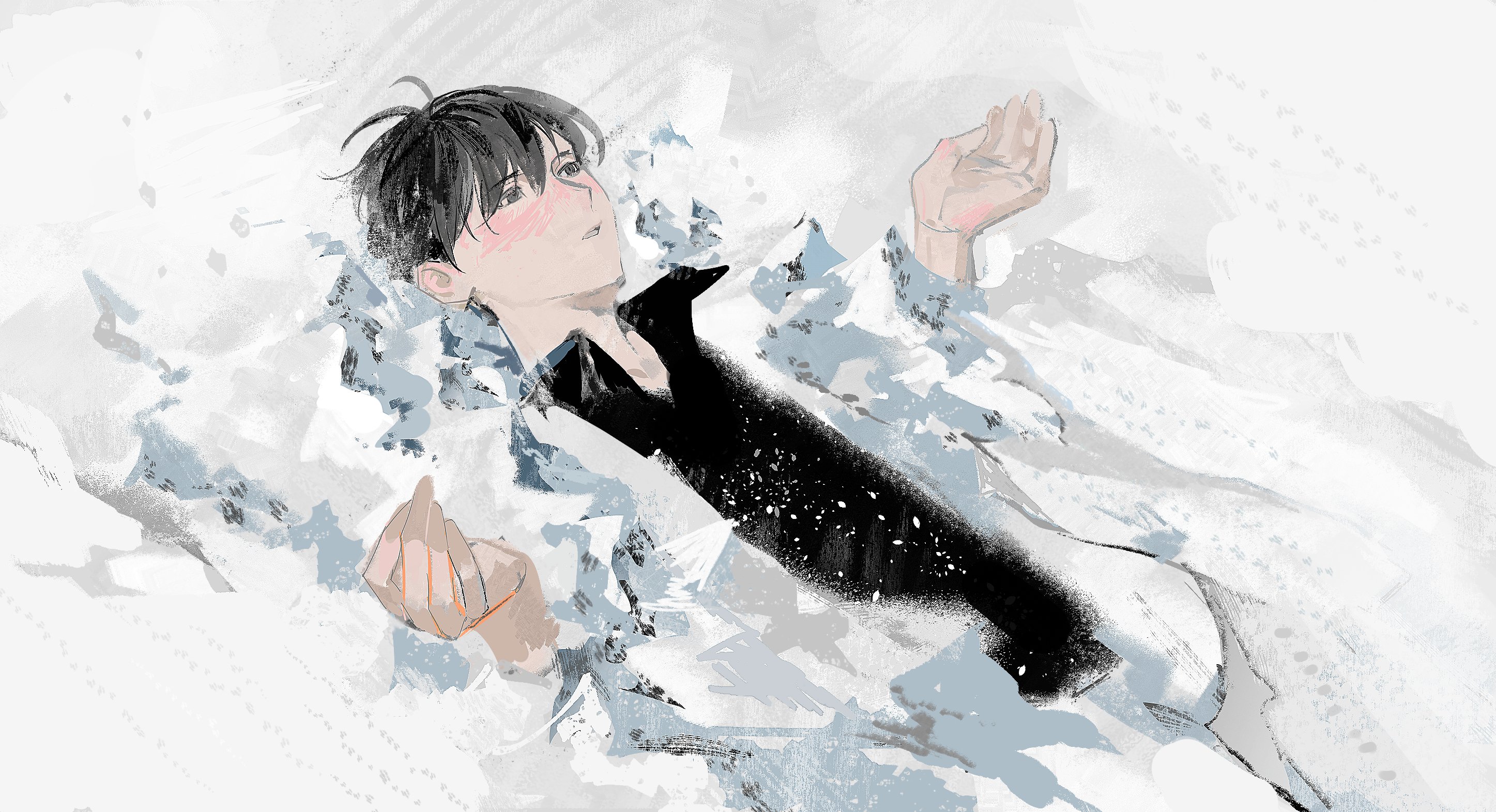 lantercat, kim dokja, omniscient reader's viewpoint, ophelia (painting), highres, 1boy, :o, black eyes, black hair, black shirt, blush, coat, collared shirt, facing viewer, fading, fine art parody, giant, hands up, head tilt, lying, male focus, mountain, on back, open clothes, open coat, parody, popped collar, shirt, short hair, solo, starry sky print, upper body, valley, white coat