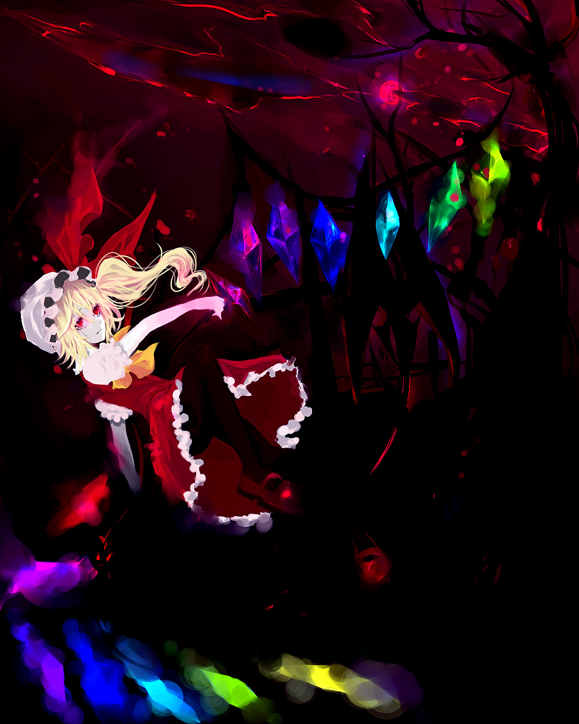 minase (mmakina), flandre scarlet, touhou, highres, 1girl, black background, black pantyhose, blonde hair, blouse, female focus, full body, hat, mob cap, pantyhose, red eyes, shirt, solo, white hat, white shirt, wings