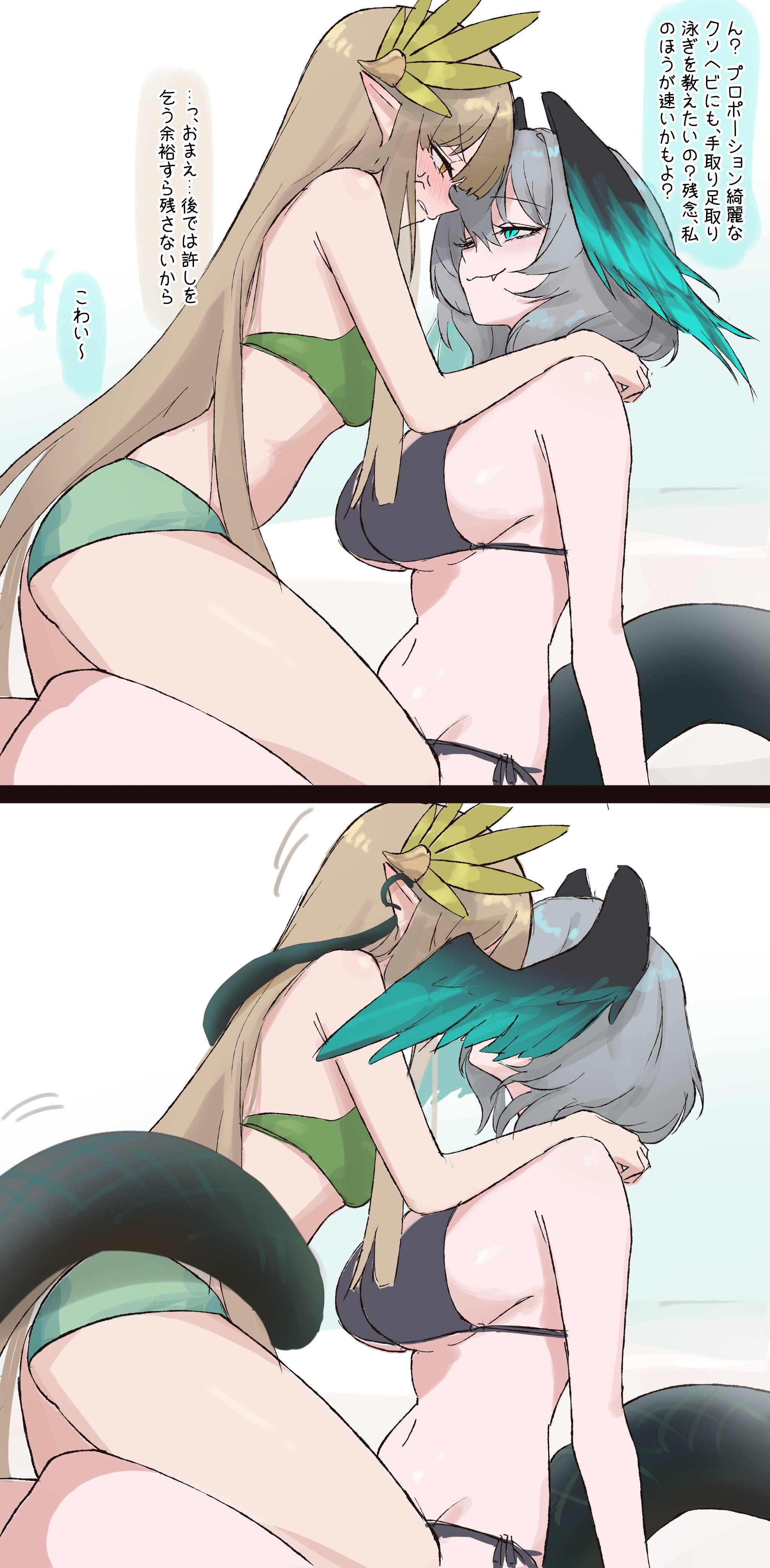 uof, ho'olheyak (arknights), muelsyse (arknights), arknights, absurdres, commentary request, highres, translation request, 2girls, anger vein, bikini, black bow, blue eyes, bow, breasts, closed mouth, elf, fang, green bikini, green hair, grey hair, hair between eyes, head tilt, kiss, large breasts, laurel crown, long hair, medium breasts, multiple girls, pointy ears, sidelocks, swimsuit, tail, yuri
