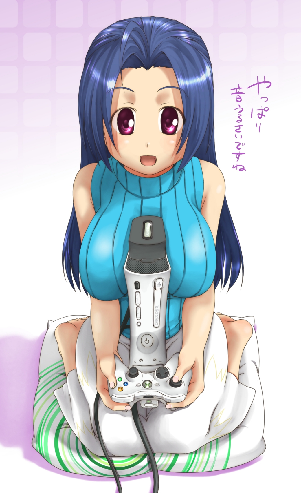 ttomm, miura azusa, idolmaster, idolmaster (classic), idolmaster 1, xbox360, highres, translated, 00s, 1girl, ahoge, barefoot, between breasts, blue hair, breasts, female focus, game console, large breasts, long hair, open mouth, playing games, purple eyes, sexually suggestive, solo, text focus, video game, xbox 360