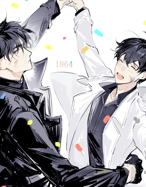 lantercat, kim dokja, secretive plotter, omniscient reader's viewpoint, 2boys, arms up, black coat, black eyes, black gloves, black hair, black shirt, coat, collared shirt, confetti, dirty, dirty face, expressionless, gloves, grin, holding hands, looking at viewer, male focus, multiple boys, open clothes, open coat, popped collar, shirt, short hair, single glove, smile, upper body, white coat