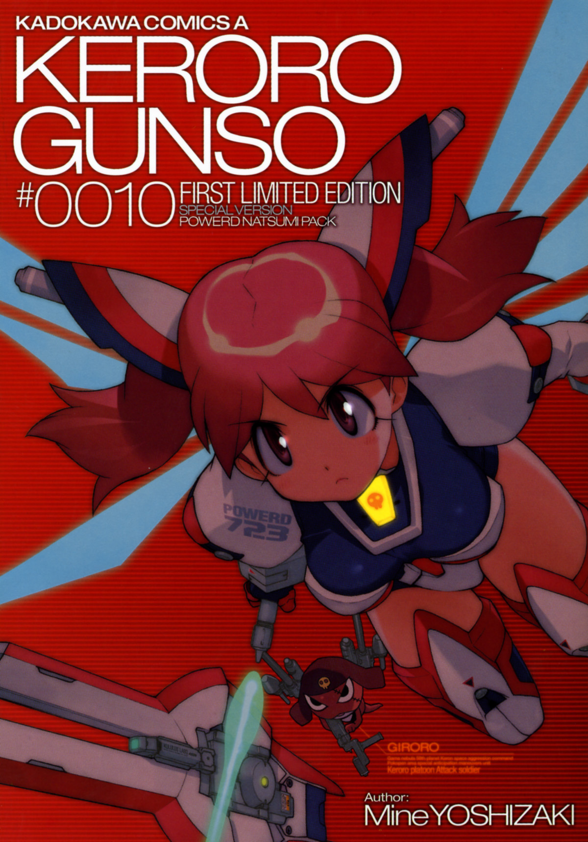 yoshizaki mine, giroro, hinata natsumi, keroro gunsou, highres, scan, >:<, 1girl, :<, armor, armored boots, artist name, blue wings, boots, breastplate, breasts, closed mouth, clothes writing, flying, foreshortening, leotard, long hair, mecha musume, mechanical wings, medium breasts, pink eyes, pink hair, serious, shoulder pads, striped background, text focus, thigh boots, thighhighs, twintails, v-shaped eyebrows, wings