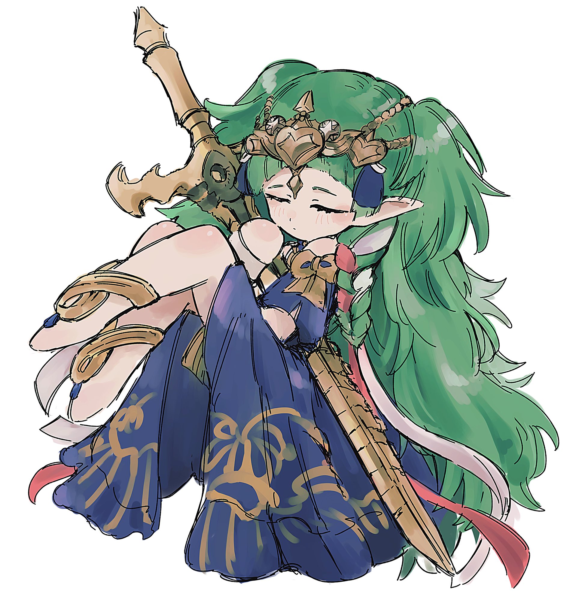 noah moimoi, sothis (fire emblem), fire emblem, fire emblem: three houses, nintendo, commentary request, highres, 1girl, blush, chibi, closed eyes, closed mouth, dress, green hair, grey background, holding, holding sword, holding weapon, long hair, pointy ears, purple dress, simple background, sleeping, solo, sword, sword of the creator, two side up, very long hair, weapon