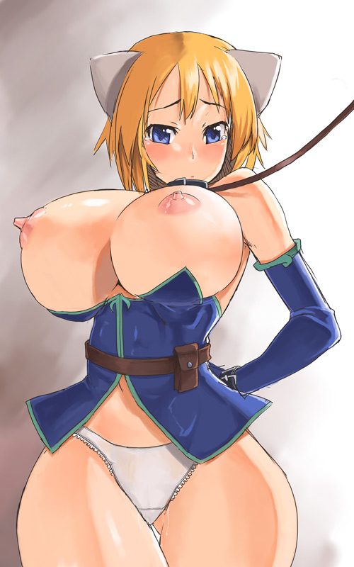 nagase haruhito, fantasy earth zero, 1girl, animal ears, arms behind back, bdsm, belt, bitch taken for walk, blonde hair, blue eyes, bondage, bound, bound wrists, breasts, breasts out, cat ears, cleavage, collar, covered erect nipples, cuffs, curvy, female focus, hip focus, huge breasts, large breasts, leash, nipples, no bra, panties, puffy nipples, pussy juice, short hair, solo, tears, thick thighs, thighs, underboob, underwear, white panties, wide hips, wrist cuffs