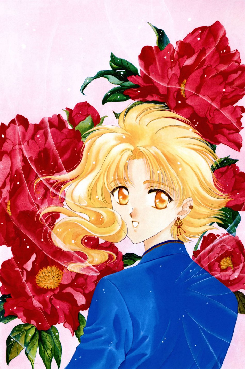 clamp, kohaku (wish), wish, highres, 1other, ambiguous gender, androgynous, blonde hair, earrings, flower, jewelry, looking back, open mouth, solo, upper body, wings, yellow eyes