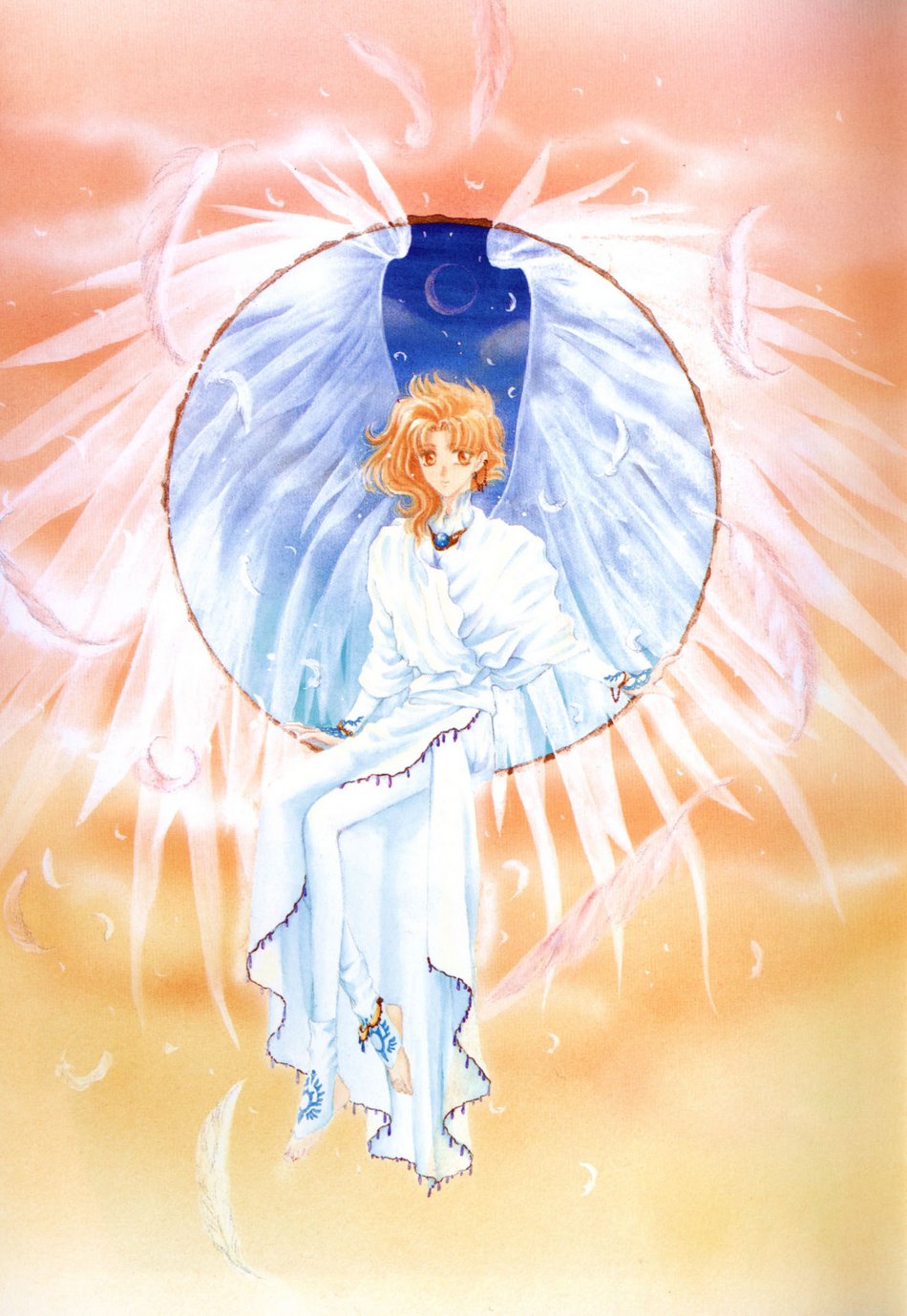 clamp, kohaku (wish), wish, highres, 1other, ambiguous gender, androgynous, angel, blonde hair, earrings, feathers, jewelry, short hair, sitting, solo, wings, yellow eyes