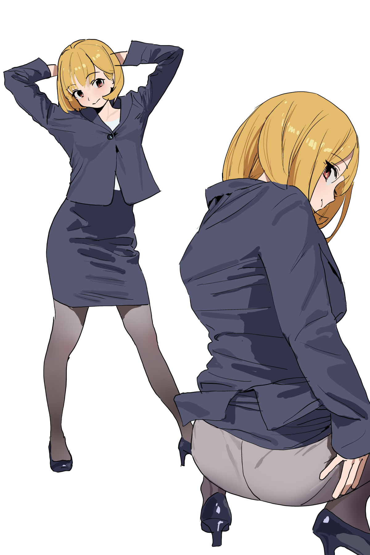 some1else45, sekoshi (some1else45), original, highres, photo-referenced, 1girl, arms up, ass, blonde hair, blue jacket, blue skirt, grey panties, high heels, jacket, multiple views, office lady, orange eyes, panties, panties under pantyhose, pantyhose, pencil skirt, simple background, skirt, squatting, suit jacket, underwear, white background