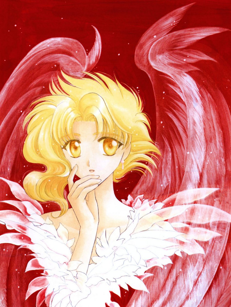 clamp, kohaku (wish), wish, highres, 1other, ambiguous gender, androgynous, angel, blonde hair, earrings, jewelry, solo, upper body, wings, yellow eyes