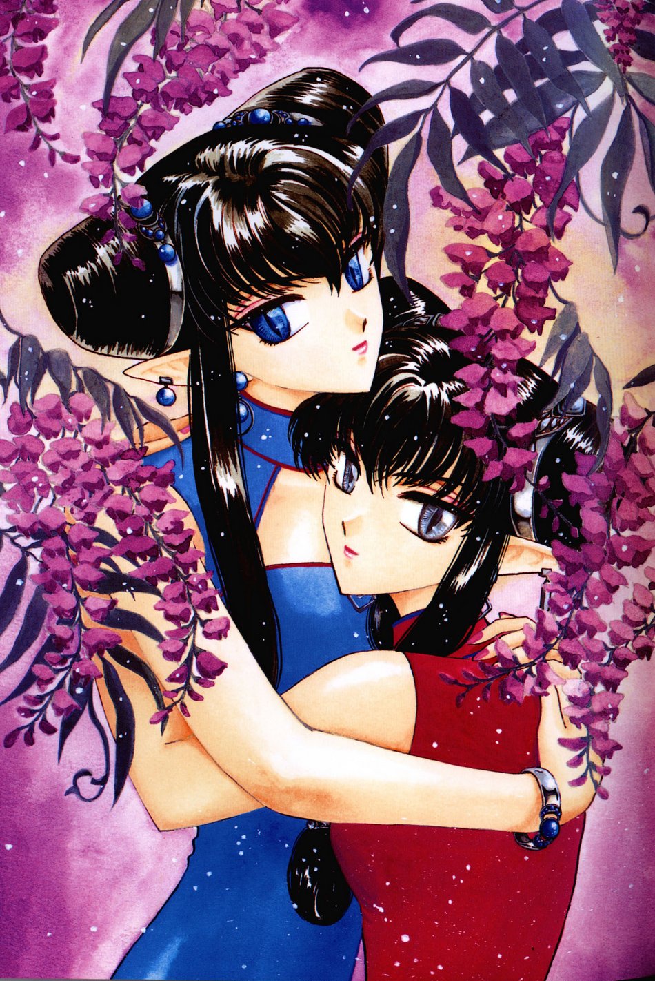 clamp, hari (wish), ruri (wish), wish, highres, tagme, 2girls, black hair, blue eyes, bracelet, demon girl, earrings, hug, jewelry, lipstick, makeup, multiple girls, pointy ears, siblings, sisters, slit pupils, twins