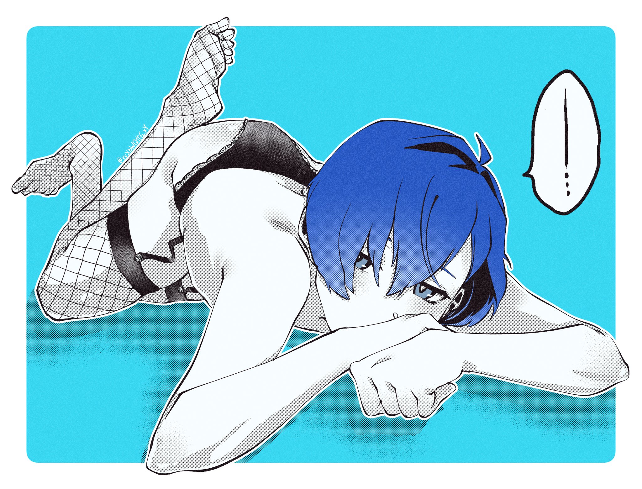 carumikoto, yuuki makoto (persona 3), persona, persona 3, commentary, english commentary, highres, …, 1boy, aqua background, artist name, blue eyes, blue hair, covering own mouth, crossdressing, feet, fishnet thighhighs, fishnets, full body, garter straps, hair between eyes, lace, lace-trimmed panties, lace trim, looking at viewer, male focus, no shoes, on ground, panties, shadow, short hair, solo, spoken ellipsis, spot color, thighhighs, toes, topless male, trap, twitter username, underwear