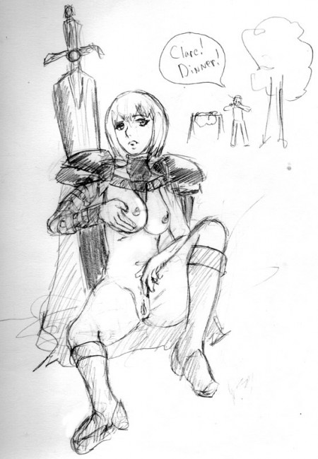 clare (claymore), raki (claymore), claymore (series), 1boy, 1girl, blonde hair, claymore (sword), female masturbation, greyscale, masturbation, monochrome, nipples, parody, pussy, sketch, sword, weapon