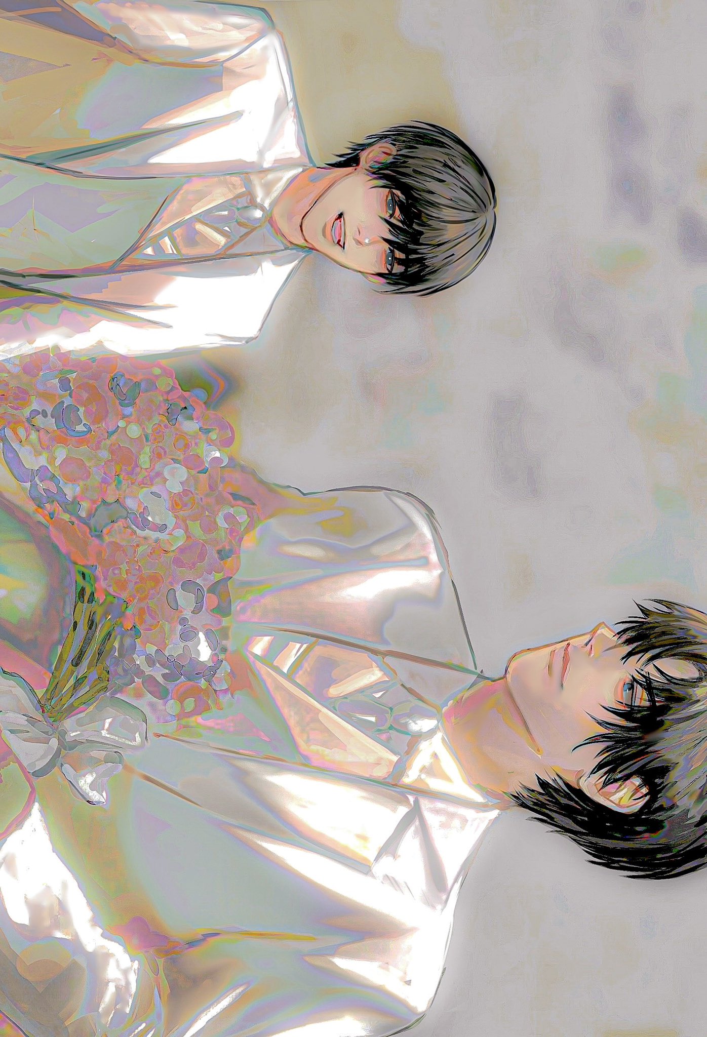kim dokja, yoo joonghyuk, omniscient reader's viewpoint, highres, 2boys, black eyes, black hair, blue eyes, bouquet, coat, collared shirt, flower, formal clothes, heyaa 0428, holding, holding bouquet, looking at another, male focus, multiple boys, shirt, short hair, sideways, suit, vest, white coat, white shirt, white suit, white vest