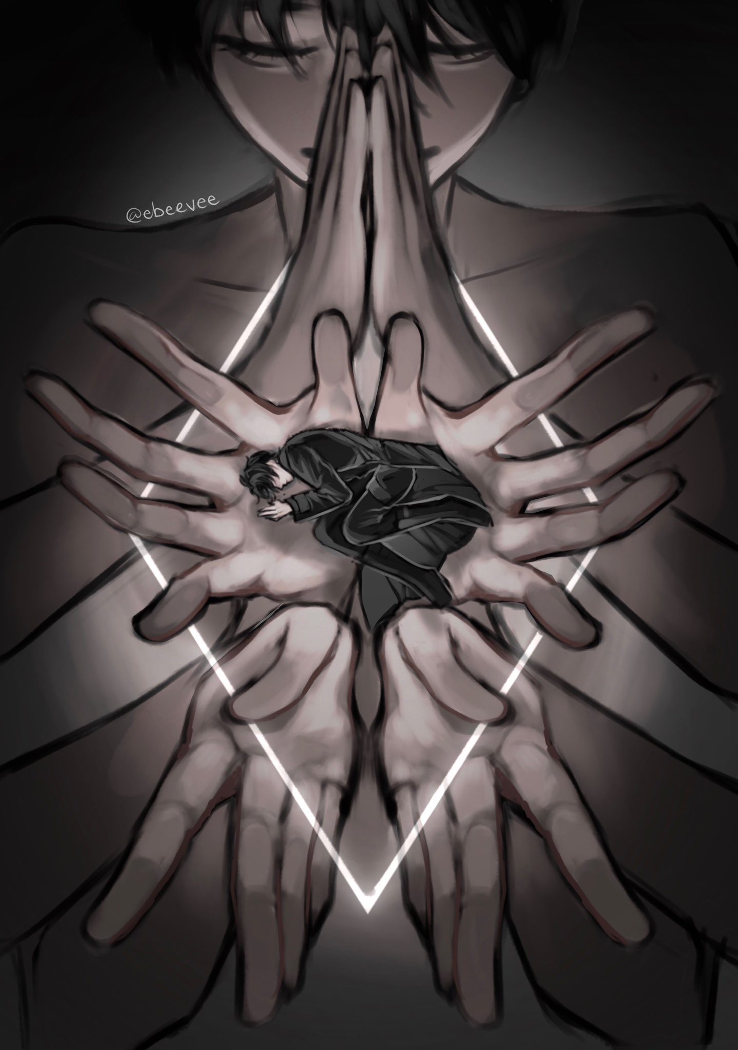 evie (baoxiao), kim dokja, yoo joonghyuk, omniscient reader's viewpoint, gesture request, highres, black coat, black hair, closed eyes, coat, curled up, knees together feet apart, lying on hand, mini person, miniboy, multiple limbs, own hands together, praying, short hair, size difference