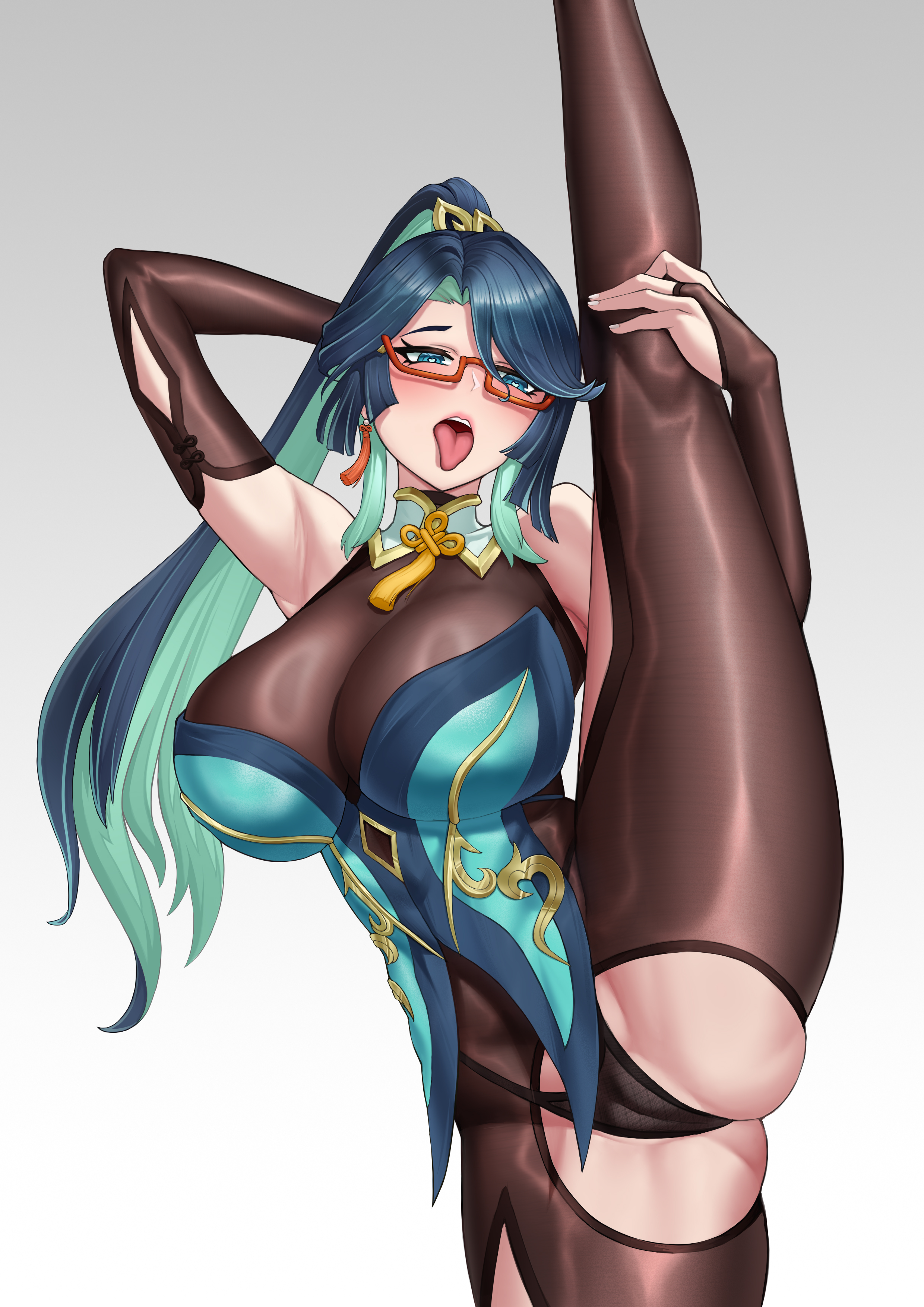 huahuademaomaotou, xianyun (genshin impact), genshin impact, absurdres, highres, 1girl, ||/, argyle clothes, arm behind head, armpits, ass, bare shoulders, black panties, blue eyes, blue hair, breasts, bridal gauntlets, brown bodystocking, brown gloves, brown pantyhose, cleavage, curtained hair, elbow gloves, fat mons, forehead, glasses, gloves, gradient background, grey hair, high ponytail, highleg, highleg panties, holding own leg, huge breasts, long hair, multicolored hair, open mouth, panties, pantyhose, pink lips, ponytail, red-framed eyewear, simple background, solo, split, standing, standing on one leg, standing split, teeth, thighs, tongue, tongue out, torn clothes, torn pantyhose, two-tone hair, underwear, upper teeth only