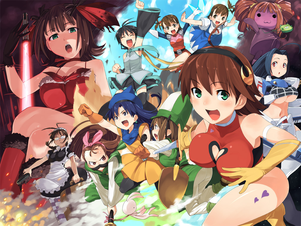 shue, akizuki ritsuko, alena (dq4), amami haruka, awakened miki, cirno, clift, cutie honey (character), dark haruka, f91 gundam, futami ami, futami mami, hatsune miku, hoshii miki, kisaragi chihaya, minase iori, miura azusa, roberta, roberta (black lagoon), takatsuki yayoi, yayoi creature, black lagoon, chunsoft, cutie honey, dragon quest, dragon quest iv, enix, gundam, gundam f91, idolmaster, idolmaster (classic), idolmaster 1, touhou, vocaloid, wonder momo, striped legwear, 6+girls, alena (cosplay), alena (dq4) (cosplay), antenna hair, black hair, blue eyes, blue hair, breasts, brown hair, cirno (cosplay), cleavage, cleavage cutout, clenched hand, clenched hands, clift (cosplay), clothing cutout, cosplay, crossed legs, crossover, cute & girly (idolmaster), cutie honey (character) (cosplay), cutie honey (cosplay), elbow gloves, energy sword, everyone, female focus, glasses, gloves, green eyes, gun, hat, heart, heart cutout, large breasts, lightsaber, magical girl, maid, mecha musume, multiple crossover, multiple girls, opaque glasses, pantyhose, parody, pink eyes, rabbit, raised fist, red eyes, roberta (black lagoon) (cosplay), roberta (cosplay), short hair, siblings, sisters, sitting, skirt, striped clothes, striped pantyhose, sword, thighhighs, twins, twintails, underboob, weapon