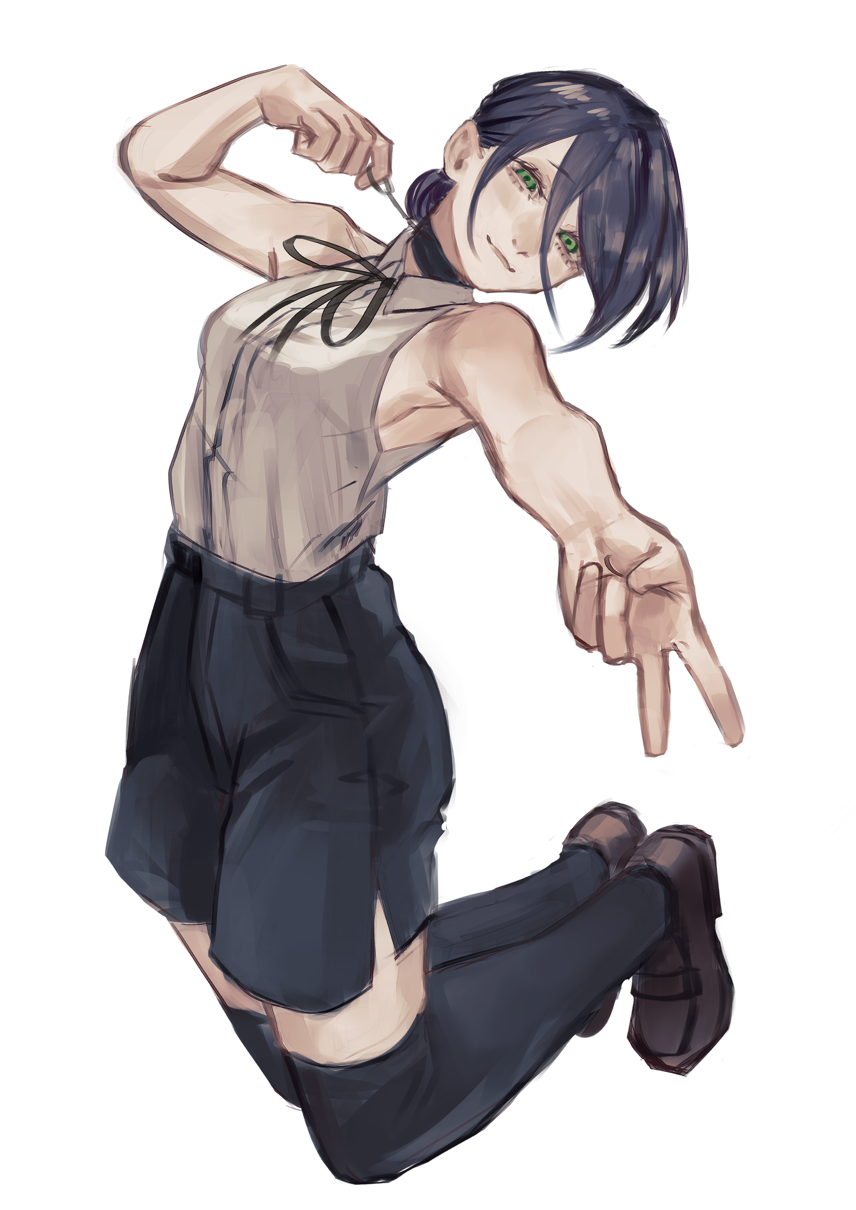 bonjindaaa, reze (chainsaw man), chainsaw man, absurdres, highres, 1girl, black choker, black hair, black ribbon, black shoes, black shorts, black thighhighs, choker, closed mouth, green eyes, grenade pin, loafers, looking at viewer, ribbon, shirt, shoes, shorts, simple background, sleeveless, sleeveless shirt, solo, thighhighs, v, white background, white shirt