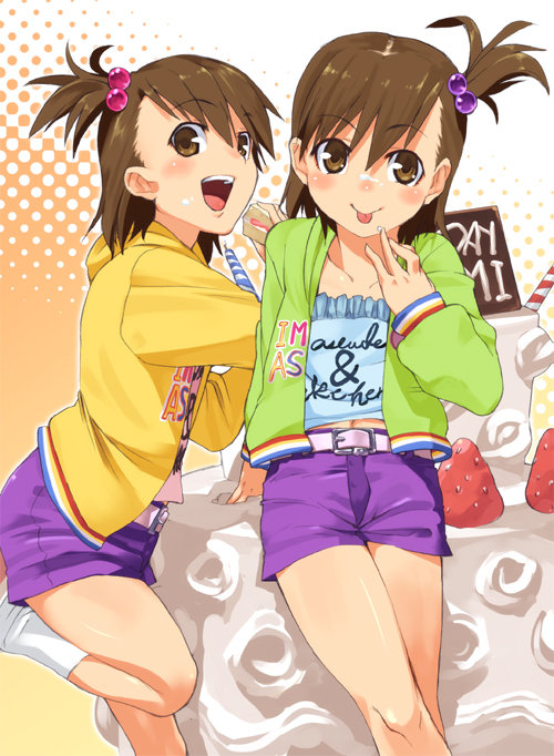 shue, futami ami, futami mami, idolmaster, idolmaster (classic), idolmaster 1, 00s, cake, food, fruit, hair bobbles, hair ornament, pastry, siblings, side ponytail, sisters, strawberry, twins