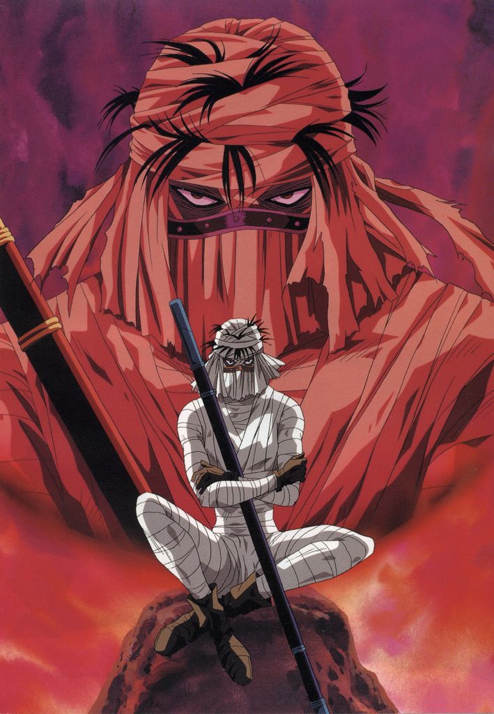 shishio makoto, rurouni kenshin, bandages, crossed arms, sitting, sword, weapon