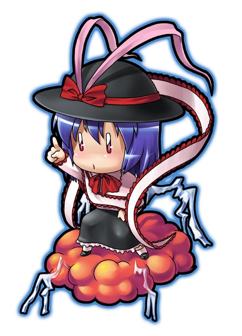 04bou, nagae iku, touhou, 1girl, black skirt, blue hair, blush, bow, bowtie, chibi, electricity, female focus, full body, hat, long sleeves, red bow, red bowtie, red eyes, short hair, skirt, solo, standing