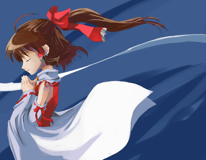yohane, hakurei reimu, touhou, 1girl, bare shoulders, brown hair, detached sleeves, female focus, floating hair, from side, long sleeves, profile, solo, upper body, vest, wind