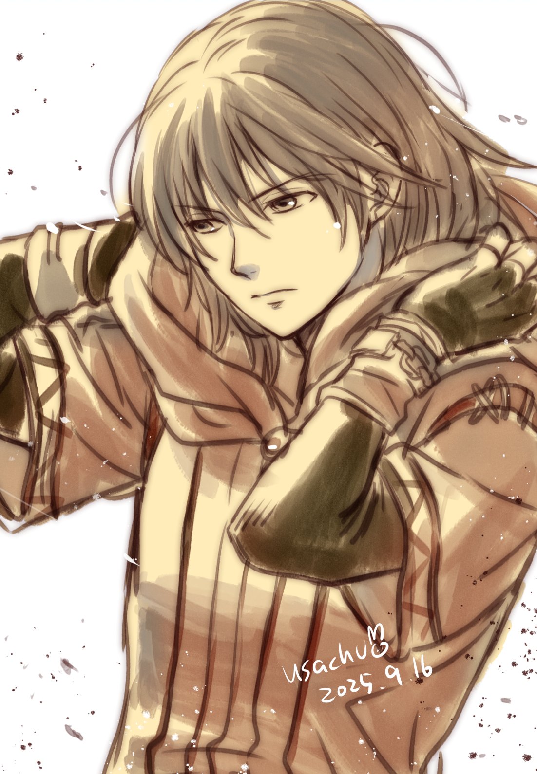 usachu now, rutger (fire emblem), fire emblem, fire emblem: the binding blade, nintendo, commentary request, highres, 1boy, artist name, black gloves, brown eyes, brown hair, closed mouth, dated, fingerless gloves, gloves, hood, hood down, long hair, looking to the side, male focus, simple background, solo, upper body, white background