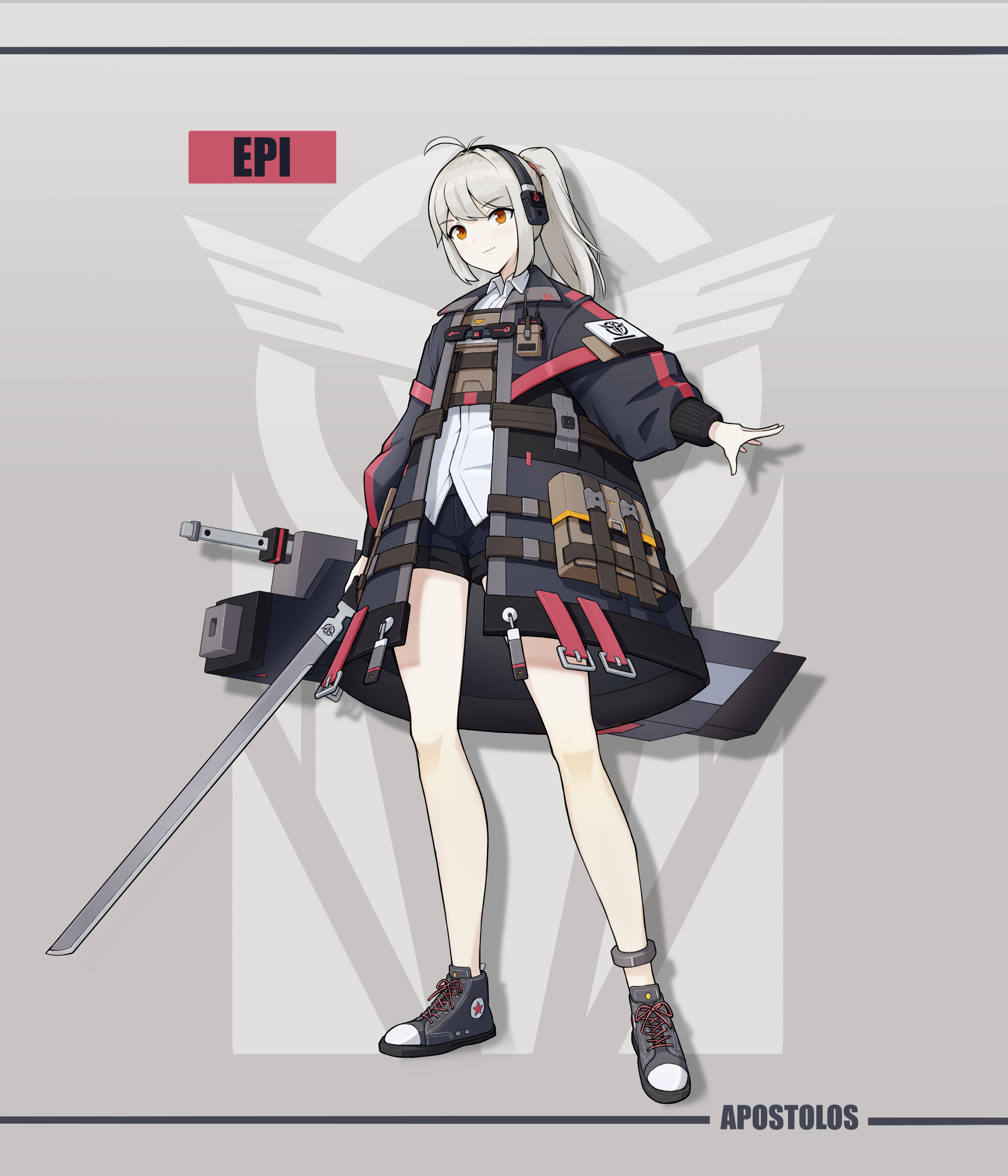 shuni valentine, original, absurdres, commentary, highres, 1girl, black jacket, black shoes, black shorts, closed mouth, collared shirt, dress shirt, full body, grey background, grey hair, headphones, holding, holding weapon, jacket, long sleeves, open clothes, open jacket, orange eyes, ponytail, puffy long sleeves, puffy sleeves, shirt, shoes, short shorts, shorts, smile, solo, standing, weapon, white shirt