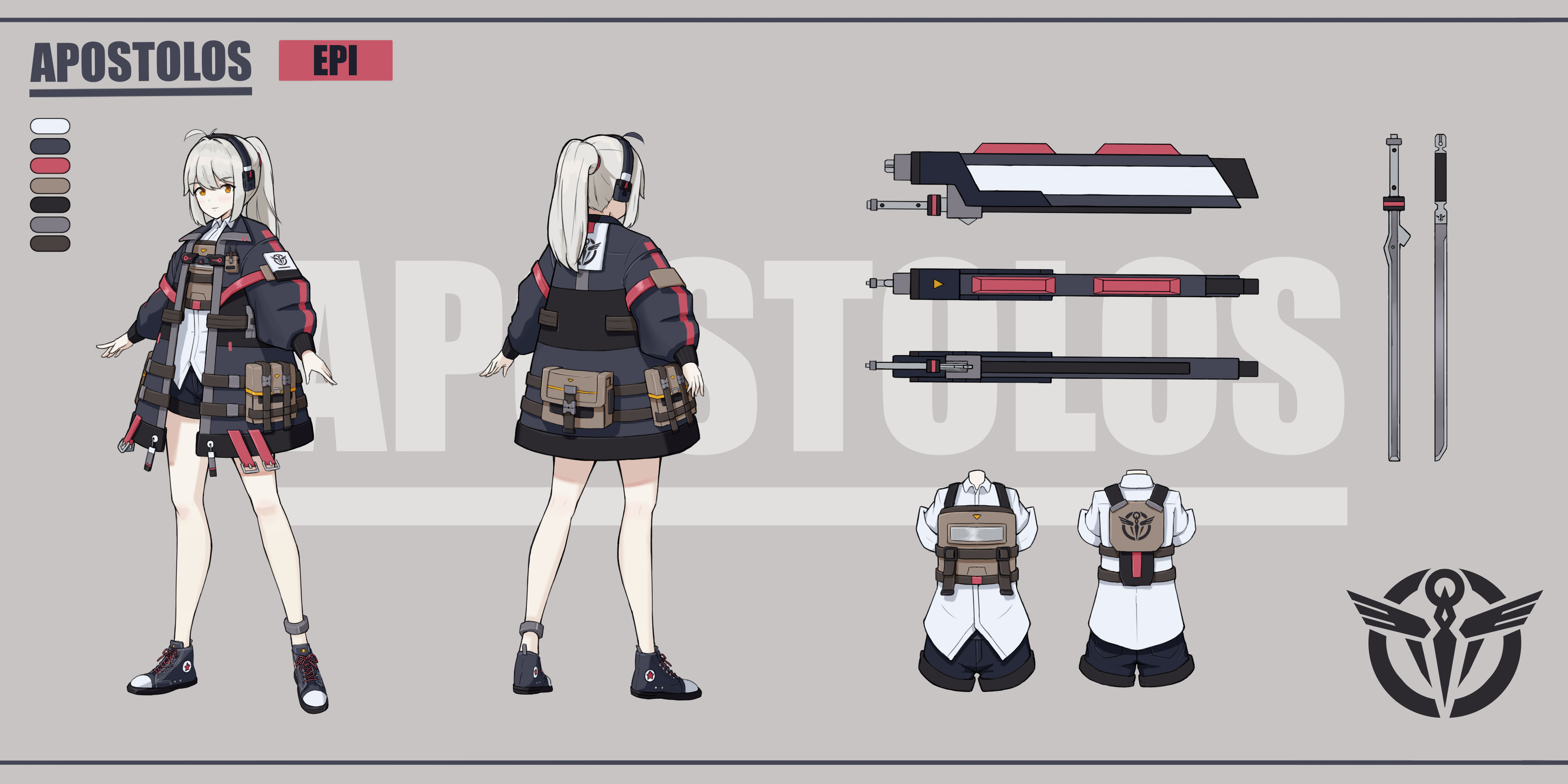 shuni valentine, original, absurdres, highres, 1girl, black jacket, black shoes, black shorts, closed mouth, collared shirt, dress shirt, grey background, grey hair, headphones, jacket, long sleeves, multiple views, open clothes, open jacket, orange eyes, ponytail, puffy long sleeves, puffy sleeves, reference sheet, shirt, shoes, short shorts, shorts, smile, standing, turnaround, weapon, white shirt