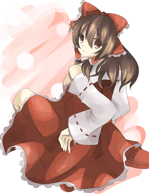 kokoro na, hakurei reimu, touhou, 1girl, brown hair, detached sleeves, dress, female focus, from behind, hair tubes, long sleeves, looking at viewer, looking back, ponytail, red dress, red eyes, ribbon-trimmed sleeves, ribbon trim, sidelocks, sitting, solo