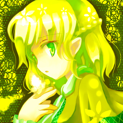 23, 23 (candy chapus), mizuhashi parsee, touhou, lowres, 1girl, :o, braid, colored eyelashes, female focus, flower, from side, green theme, half up braid, half updo, looking at viewer, open mouth, pointy ears, shadow, short hair, solo, upper body