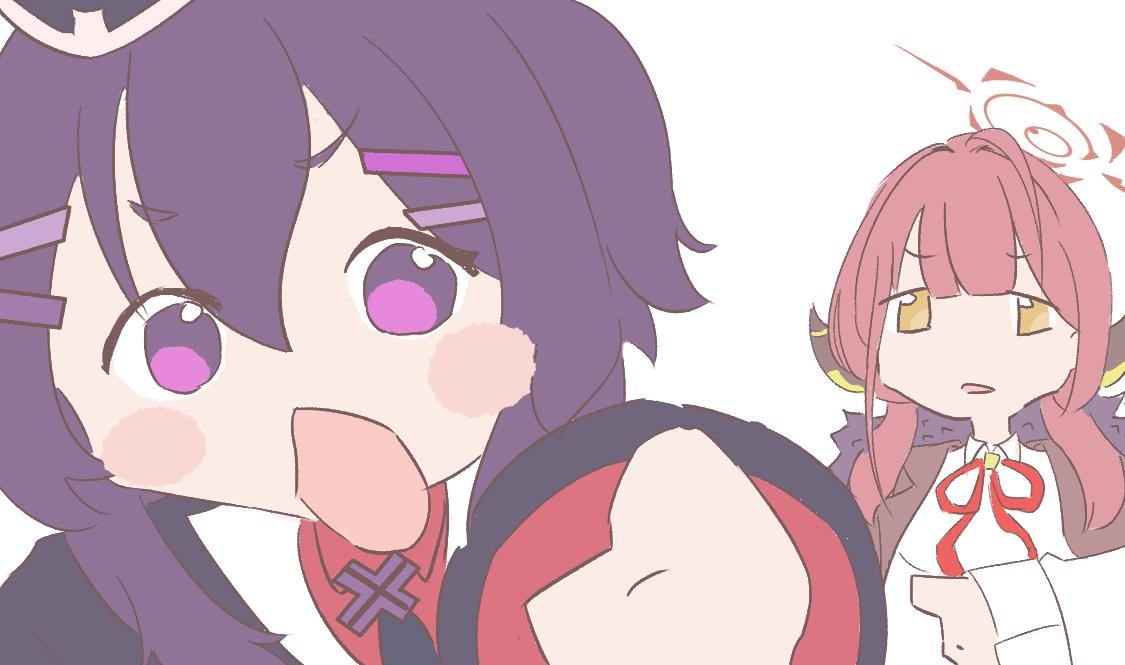 ayo5108, aru (blue archive), haruka (blue archive), blue archive, 2girls, coat, fur coat, halo, horns, looking at viewer, meme, mmmkawaine (style), multiple girls, open mouth, pointing, pointing at viewer, purple eyes, purple hair, racist momoi (meme), red hair, white background