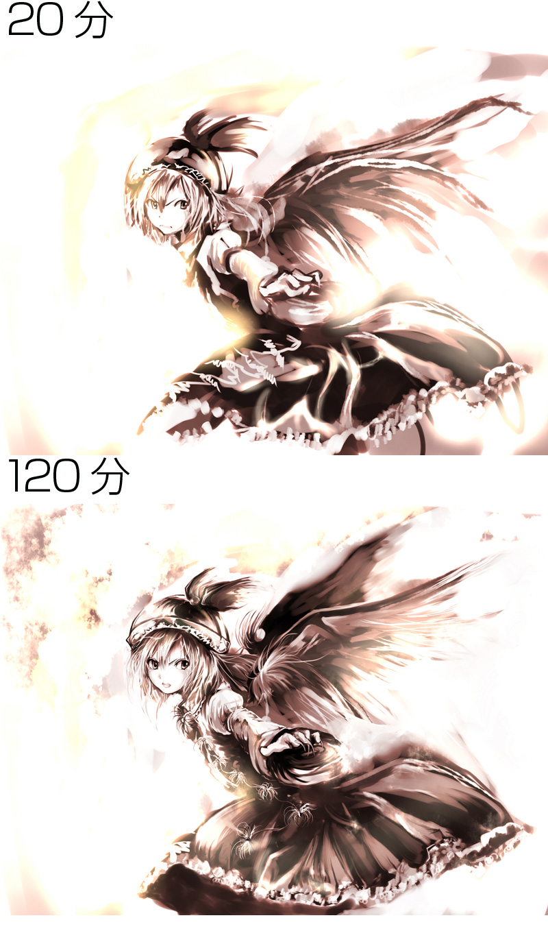 yae (mono110), mystia lorelei, touhou, highres, making-of, translated, unfinished, 1girl, comparison, female focus, monochrome, sepia