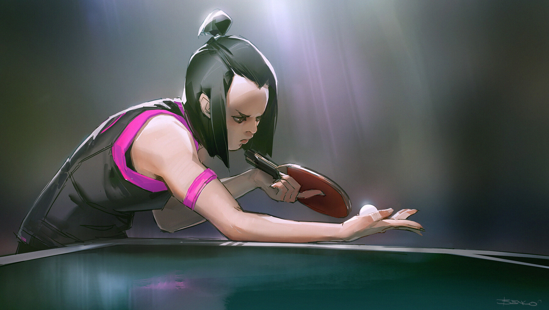 ben lo, real life, character request, highres, 1girl, armband, ball, black eyes, black hair, black tank top, breasts, cowboy shot, hair bun, hair slicked back, holding, holding ball, leaning forward, narrowed eyes, outstretched arm, paddle, pink armband, serious, short hair, sidelocks, solo, table, table tennis ball, table tennis paddle, tank top