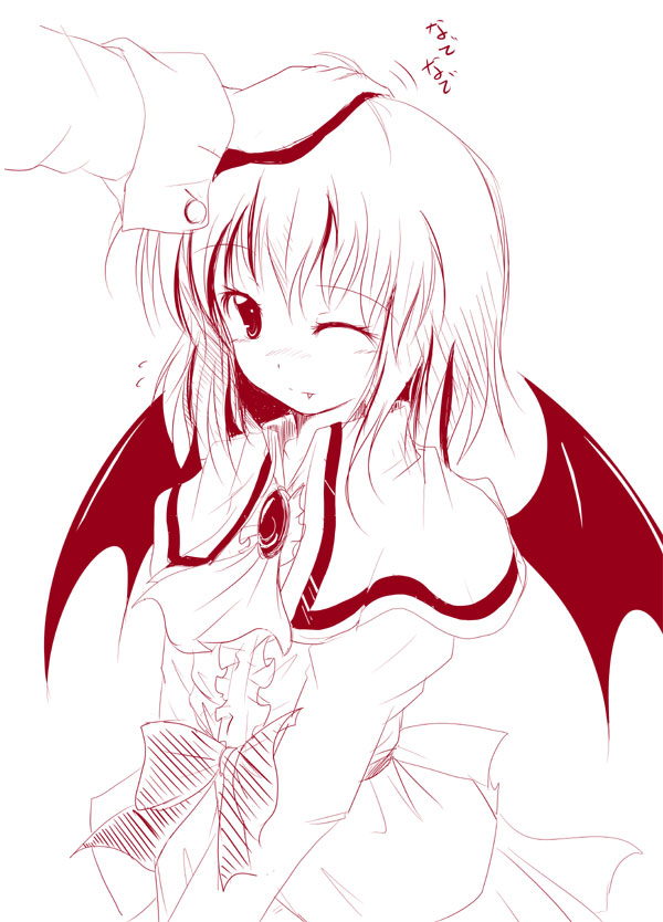 nanaume (shichimi tougarashi), remilia scarlet, touhou, 1girl, ascot, bat wings, blush, brooch, fang, female focus, head pat, headpat, jewelry, monochrome, no headwear, one eye closed, red theme, solo focus, v arms, wings