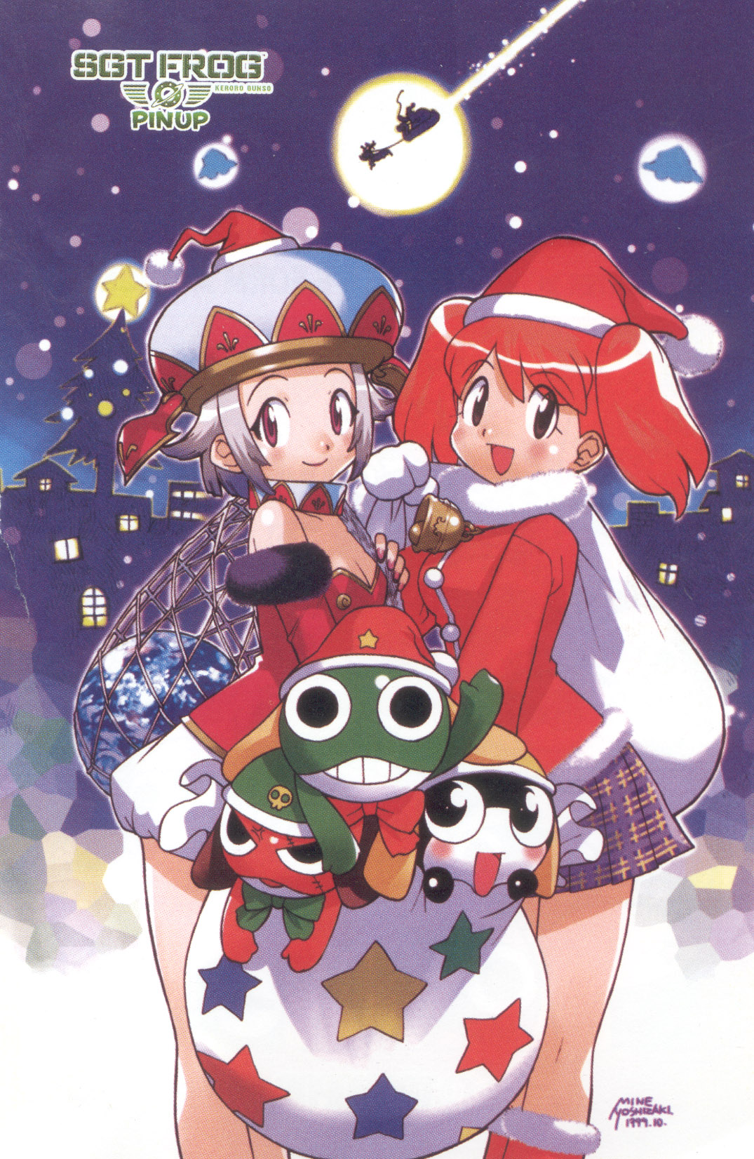 yoshizaki mine, angol mois, giroro, hinata natsumi, keroro, tamama, keroro gunsou, silver hair, highres, scan, 2girls, :d, ball, blush, brown eyes, full moon, grey skirt, hat, looking at viewer, moon, multiple girls, open mouth, plaid clothes, plaid skirt, red hair, sack, santa costume, santa hat, short hair, silhouette, skirt, smile, standing, star (symbol)