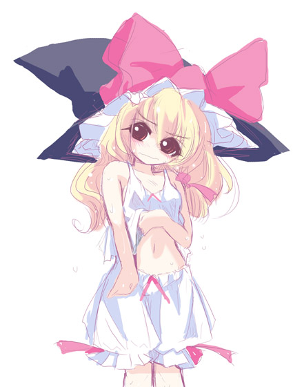 usoneko, kirisame marisa, touhou, 1girl, bloomers, embarrassed, female focus, hat, navel, simple background, solo, underwear, white background, white bloomers, witch, witch hat