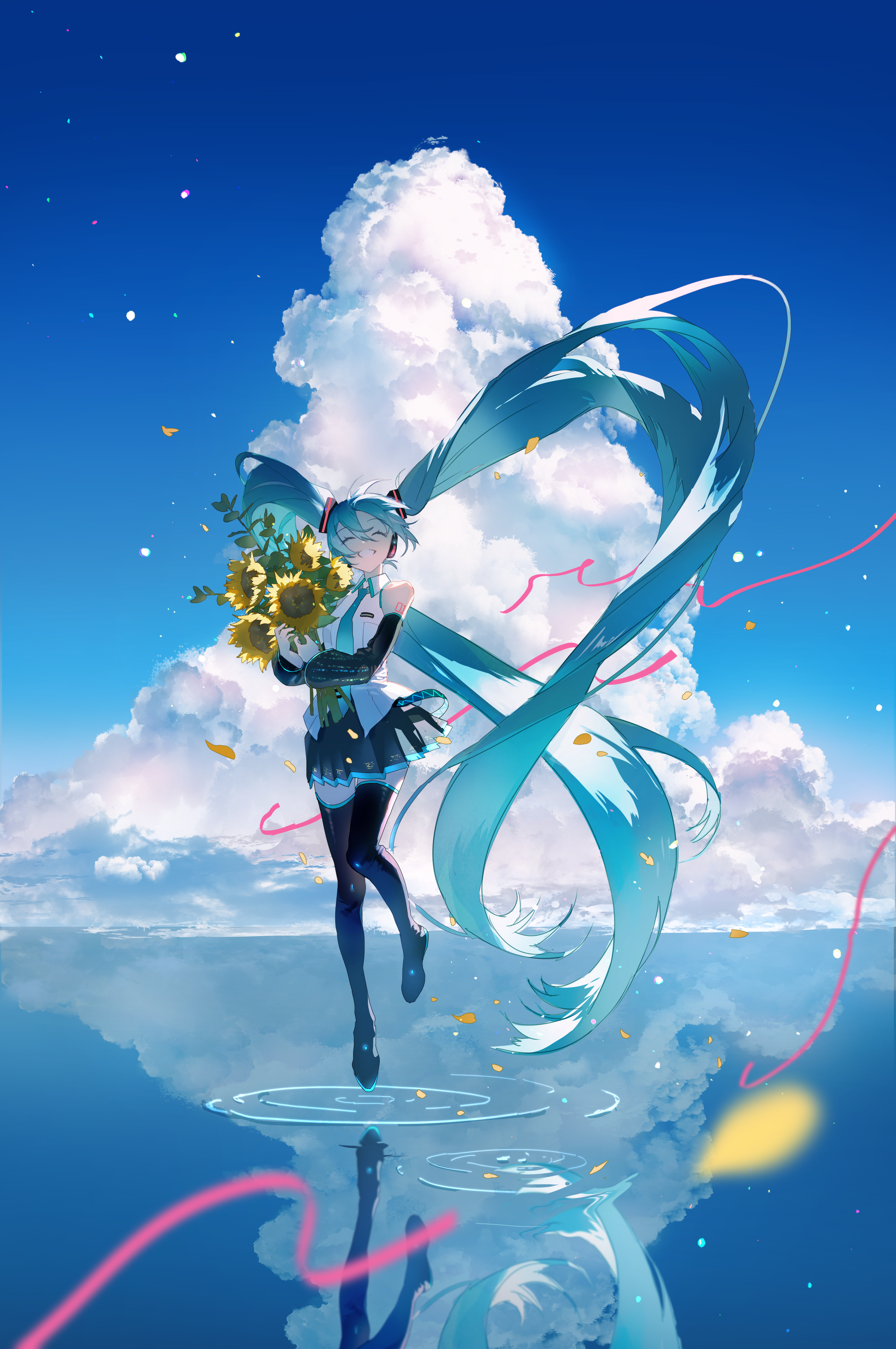 requiem (requiem art), hatsune miku, vocaloid, absurdres, commentary, highres, 1girl, ^ ^, absurdly long hair, aqua hair, aqua necktie, aqua trim, bare shoulders, black boots, black ribbon, black skirt, black sleeves, blue sky, boots, bouquet, breasts, closed eyes, cloud, collared shirt, cumulonimbus cloud, day, detached sleeves, double-parted bangs, falling petals, floating, floating hair, flower, full body, grin, hair between eyes, hair ribbon, headphones, holding, holding bouquet, horizon, long hair, long sleeves, miniskirt, necktie, open mouth, outdoors, petals, pleated skirt, raised eyebrows, reflection, reflective water, ribbon, ripples, shirt, shoulder tattoo, skirt, sky, sleeveless, sleeveless shirt, small breasts, smile, solo, streamers, sunflower, tattoo, thigh boots, thighhighs, twintails, very long hair, water, white shirt, yellow flower, zettai ryouiki