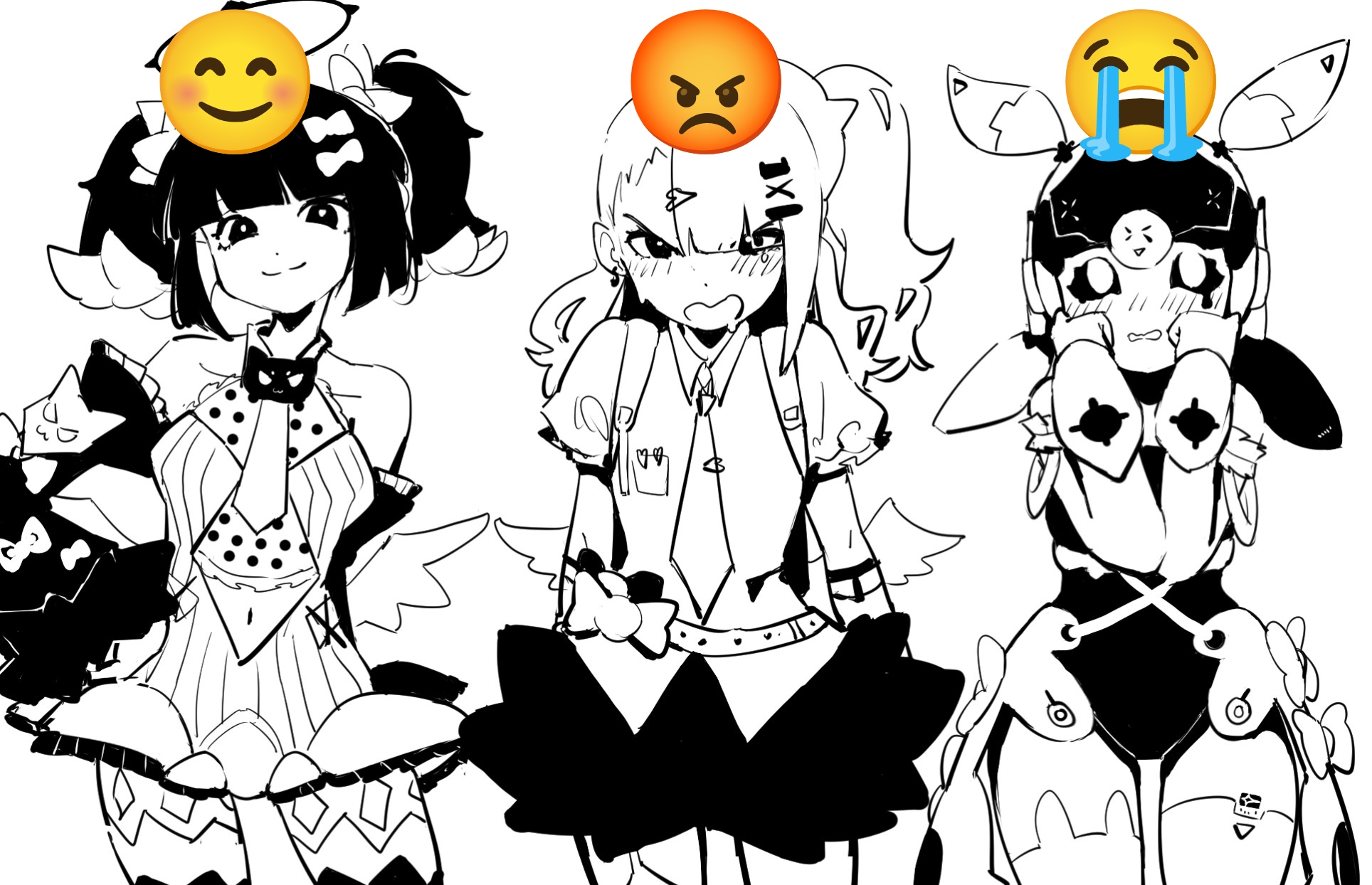 chinatsu remiel, rokudu sariel, yutane johiel, zenless zone zero, commentary, highres, symbol-only commentary, 3girls, angry, backpack, bag, bandaid, bandaid hair ornament, bare shoulders, black sclera, black skirt, blunt bangs, blush, bow, bowtie, choker, colored sclera, earrings, hair ornament, hairpin, halo, heisei retro, humanoid robot, jewelry, leg warmers, light smile, long hair, looking at viewer, monochrome, multiple girls, multiple hairpins, musical note earrings, robot, robot girl, short sleeves, side ponytail, simple background, skirt, thighhighs, user fere2824, wavy mouth, white background, y2k fashion