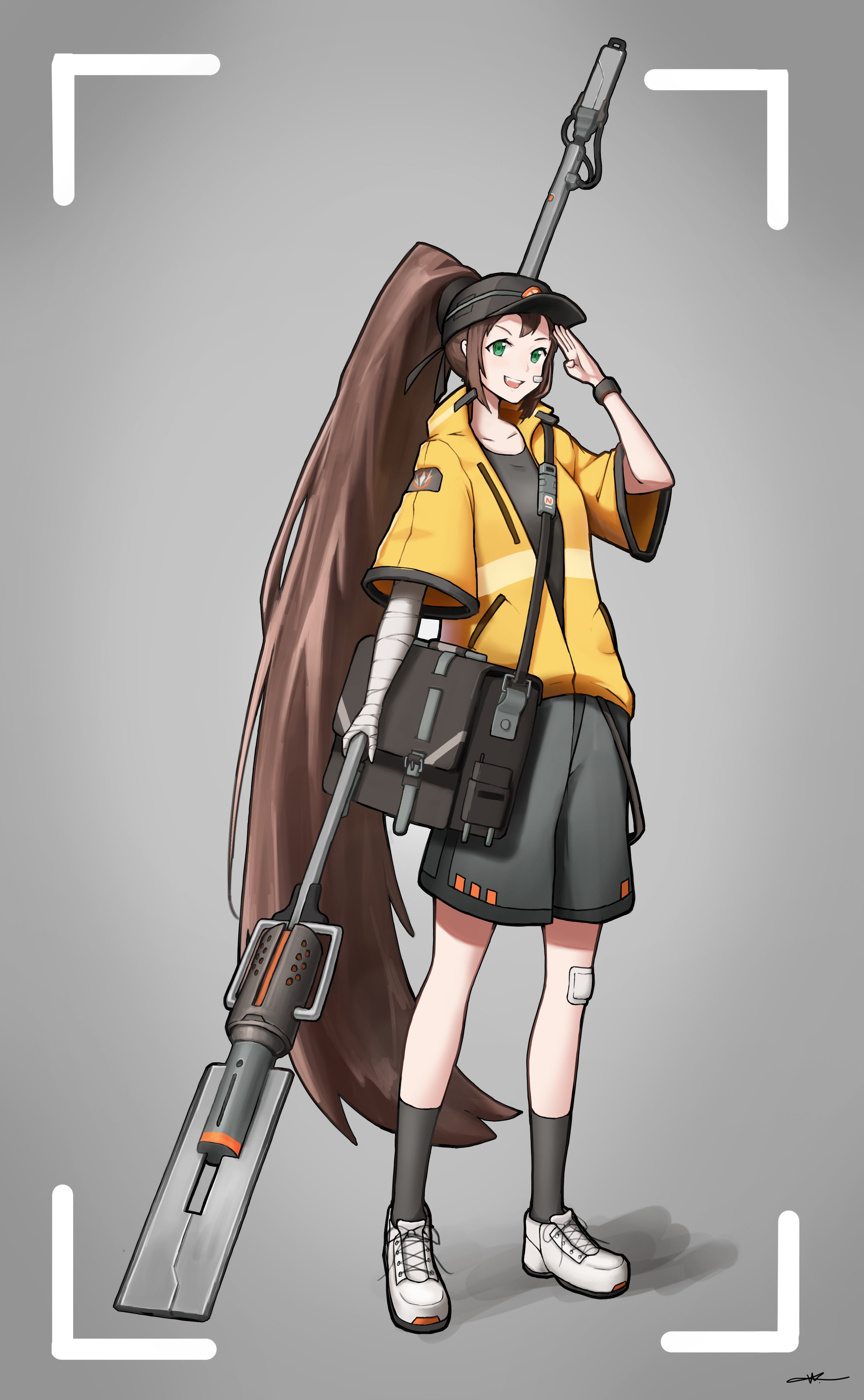 shuni valentine, original, absurdres, commentary, highres, weapon request, 1girl, :d, arm up, bandaged arm, bandaged hand, bandages, baseball cap, black hat, brown hair, green eyes, grey background, grey shirt, grey shorts, hat, high ponytail, holding, holding weapon, jacket, long hair, open mouth, ponytail, salute, shadow, shirt, shoes, short sleeves, shorts, signature, simple background, smile, solo, v-shaped eyebrows, very long hair, viewfinder, weapon, white shoes, wide sleeves, yellow jacket