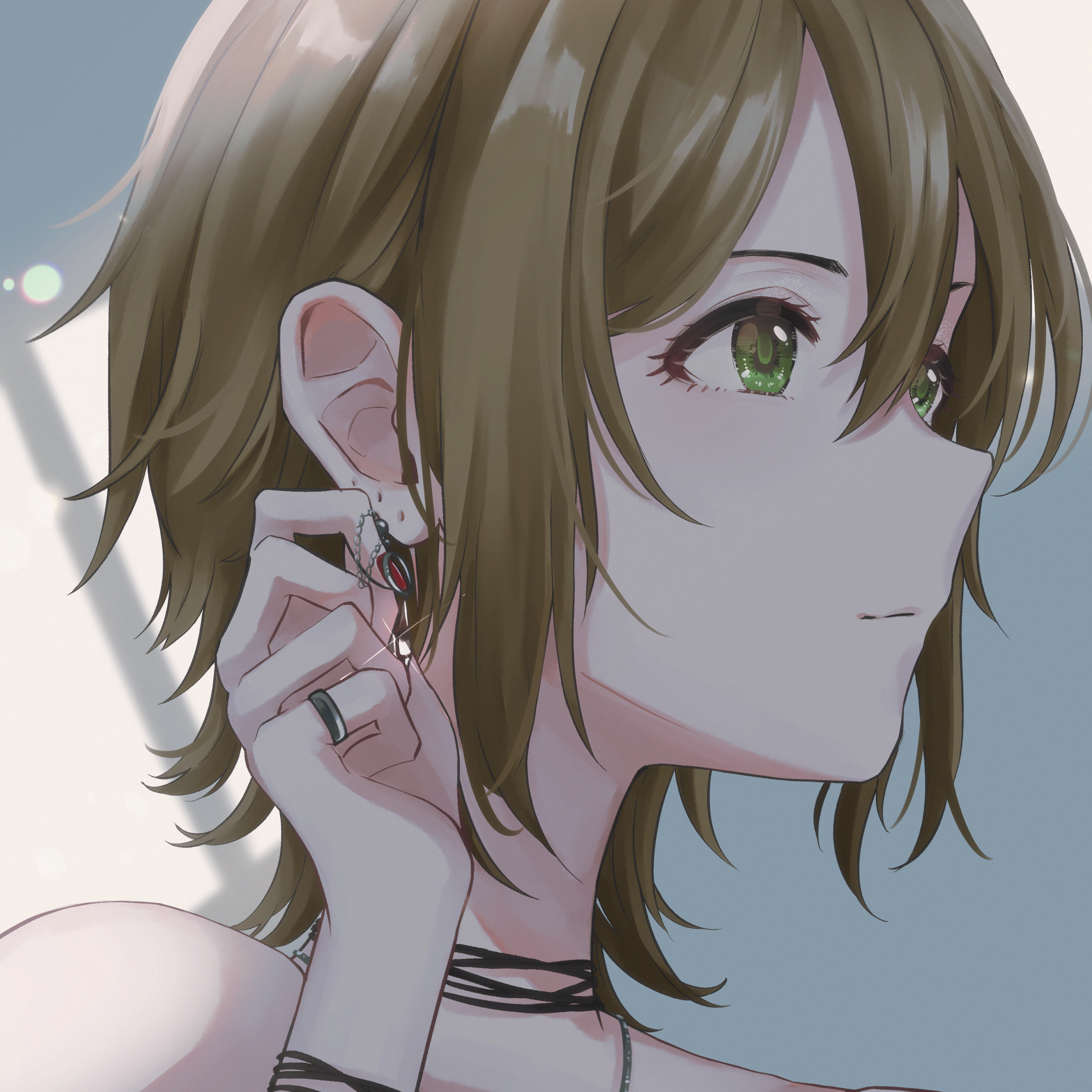 kumatsuki (no-kirin), kimura natsuki, idolmaster, idolmaster cinderella girls, absurdres, highres, 1girl, brown hair, close-up, closed mouth, earrings, from side, green eyes, hair between eyes, hand up, jewelry, portrait, ring, short hair, solo