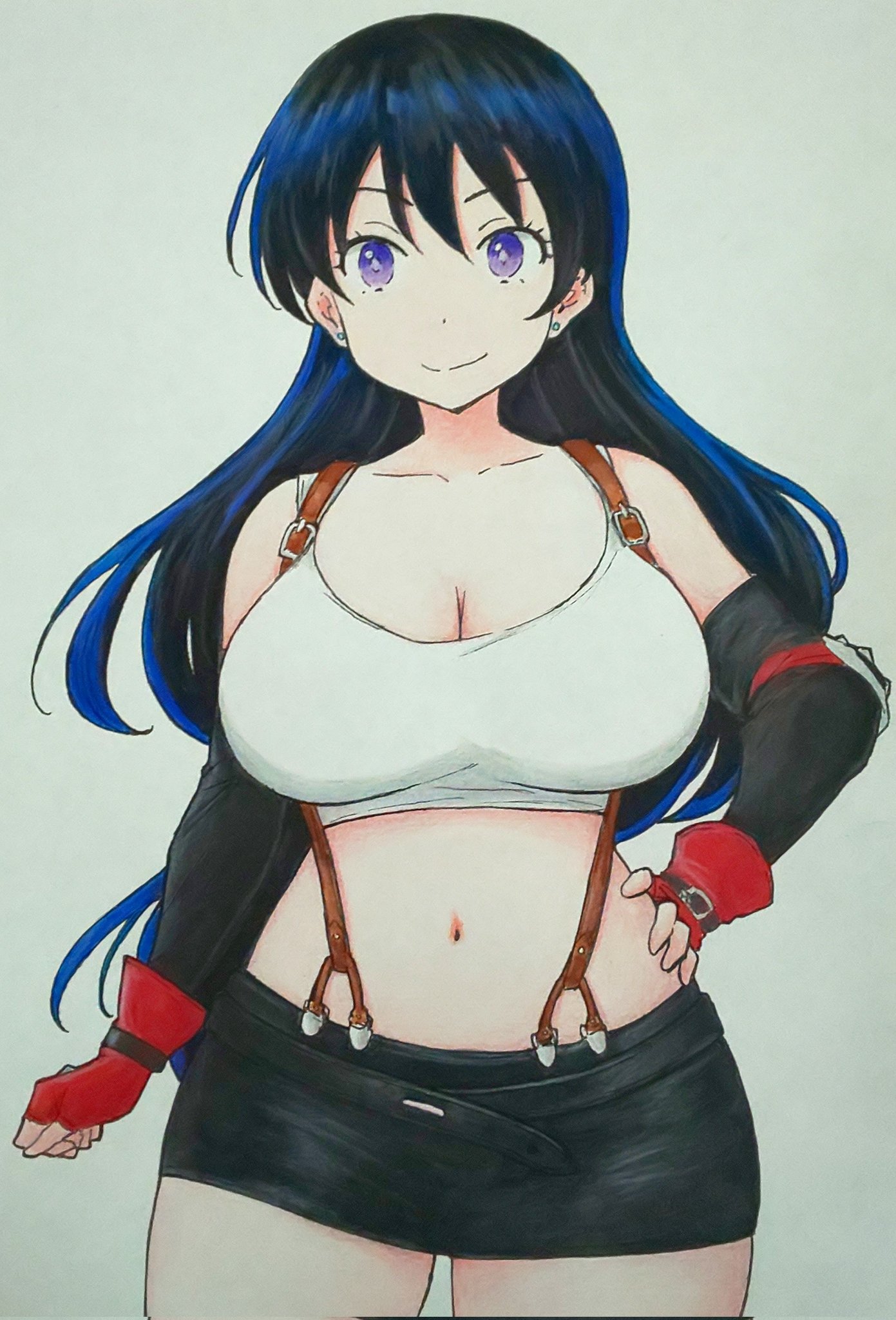 gyupolo9, arato nagi, tifa lockhart, final fantasy, final fantasy vii, ruri no houseki, highres, traditional media, 1girl, black hair, breasts, cleavage, cosplay, cowboy shot, earrings, fingerless gloves, gloves, grey background, hand on own hip, jewelry, large breasts, long hair, looking at viewer, midriff, navel, purple eyes, simple background, skirt, smile, solo, suspender skirt, suspenders, tank top, tifa lockhart (cosplay), very long hair
