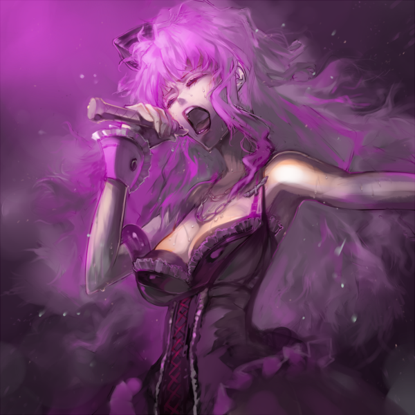tonko, sheryl nome, macross, macross frontier, bad id, bad pixiv id, 00s, 1girl, blonde hair, bracelet, breasts, cleavage, corset, female focus, jewelry, large breasts, long hair, microphone, music, pink hair, singing, solo, sweat