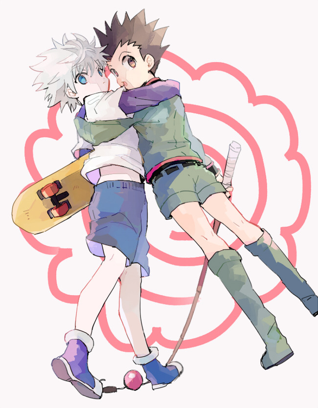 smcms-m, gon freecss, killua zoldyck, hunter x hunter, 2boys, arm around shoulder, belt, black belt, black hair, blue eyes, blue shoes, blue shorts, boots, brown eyes, closed mouth, fishing rod, full body, green boots, green jacket, green shorts, holding, holding fishing rod, jacket, layered sleeves, long sleeves, looking at viewer, looking back, male focus, multiple boys, open mouth, purple shirt, shirt, shoes, short hair, short over long sleeves, short sleeves, shorts, white background, white shirt, widow's peak