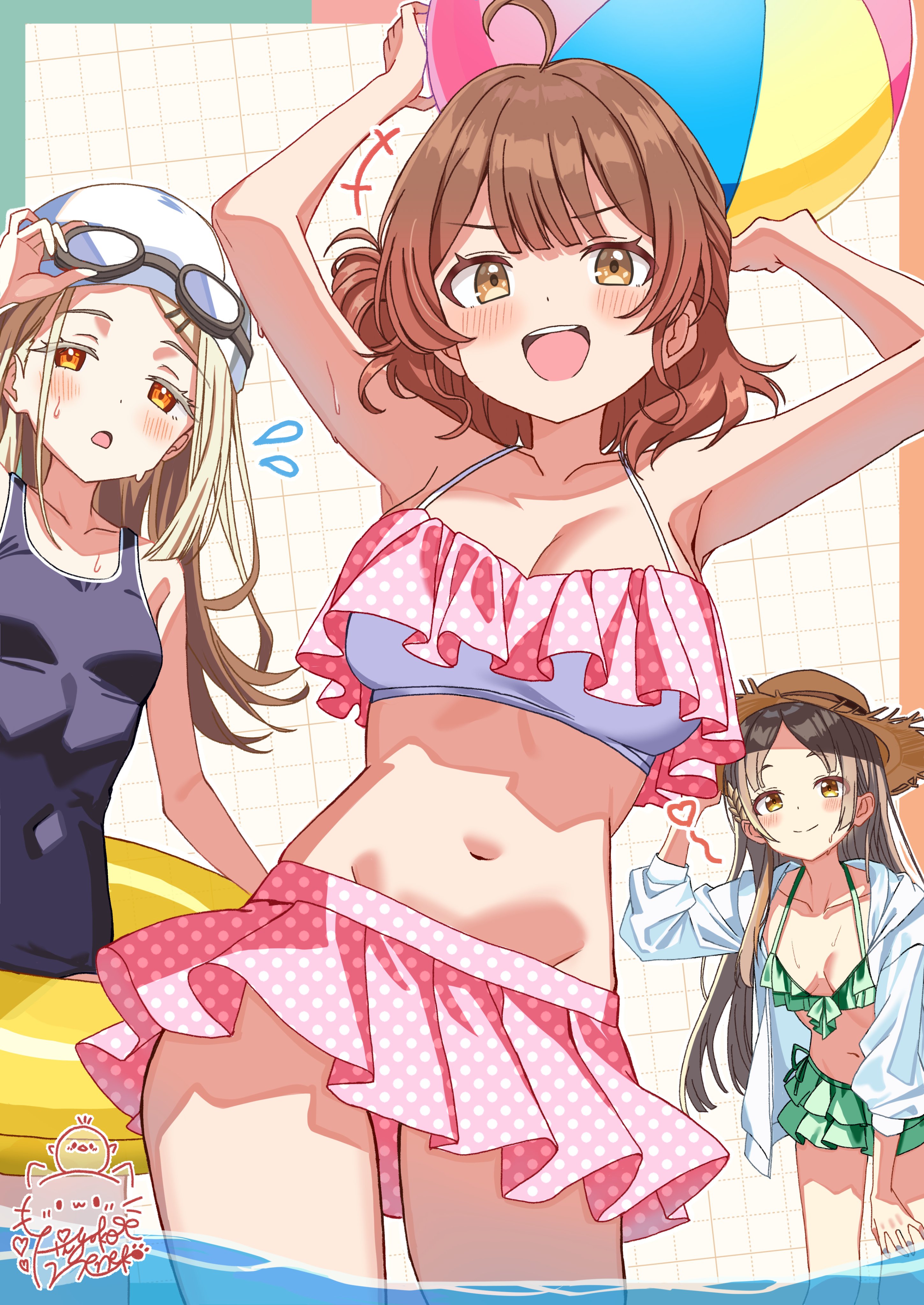 hiyoko neneko, hanami ume, kuramoto china, shinosawa hiro, gakuen idolmaster, idolmaster, absurdres, commentary request, highres, 3girls, :d, ball, beachball, blue sky, breasts, brown hair, goggles, holding, holding ball, holding beachball, looking at viewer, medium breasts, multiple girls, navel, open mouth, outdoors, short hair, signature, sky, smile, swimsuit, wading, water