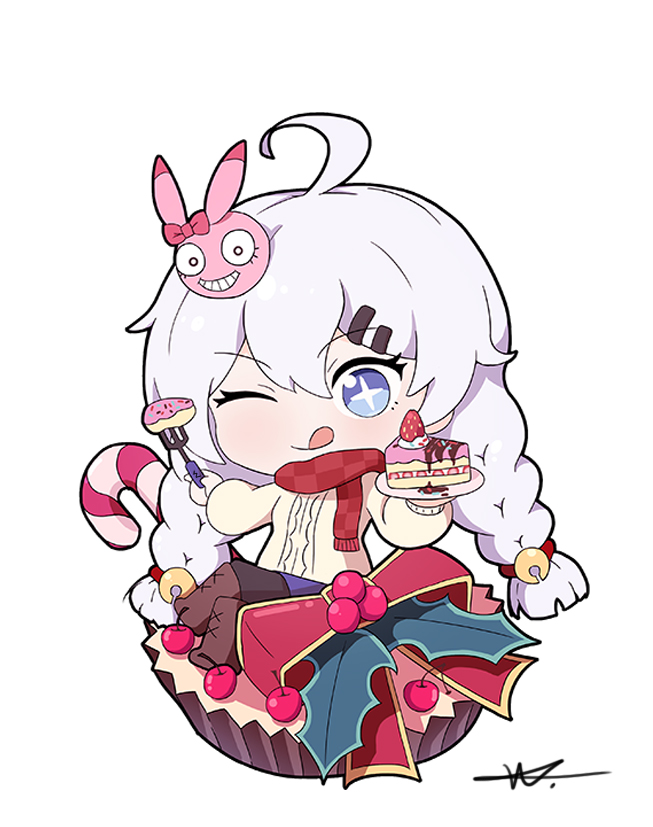 shuni valentine, homei (honkai impact), kiana kaslana, honkai (series), honkai impact 3rd, commentary, + +, 1girl, ;q, black pantyhose, blue eyes, blue skirt, boots, braid, brown boots, brown sweater, cake, cake slice, candy, candy cane, chibi, crossed legs, food, fork, grey hair, hair between eyes, hair ornament, hairclip, holding, holding fork, knee boots, long hair, long sleeves, looking at viewer, low twintails, one eye closed, pantyhose, puffy long sleeves, puffy sleeves, signature, simple background, skirt, solo, sweater, tongue, tongue out, twin braids, twintails, very long hair, white background